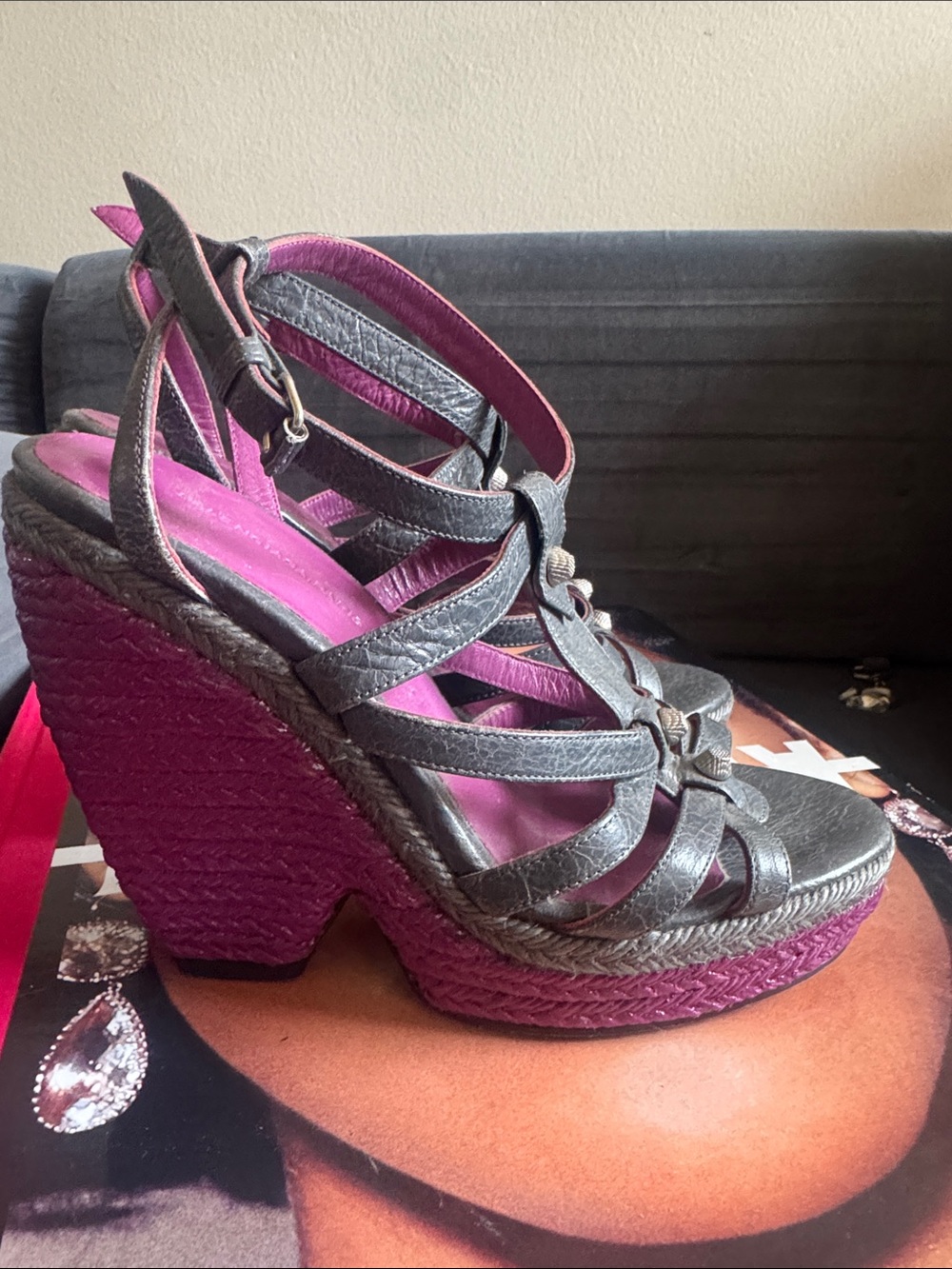 Balenciaga Gray Leather Strappy Wedge Sandals with Purple Platform - Picture 3 of 7
